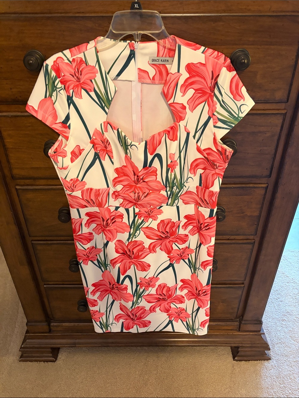 Grace Karin White Midi Dress with Coral Floral Print